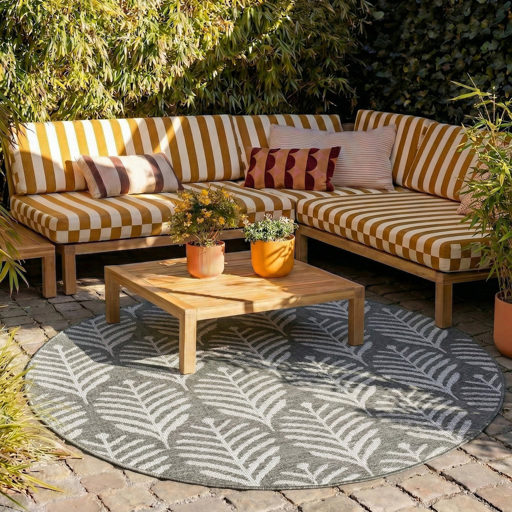 Round Outdoor Rug - Summer Leaves Grey