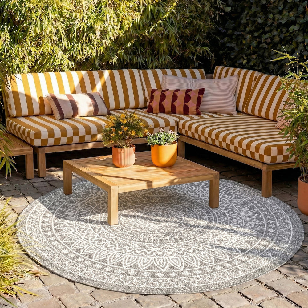 Round Outdoor Rug - Summer Azteca Light Grey